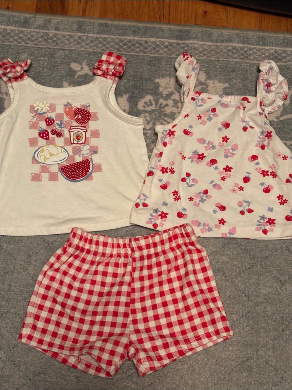 Girls' Red & White Strawberry Tank Top Set - with Gingham Shorts